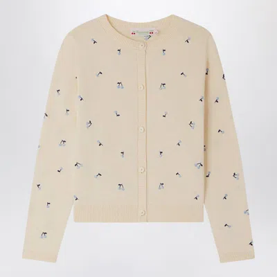 Bonpoint Kids' Vanilla-coloured Feli Cardigan With Embroidered Cherries In White