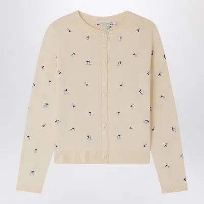 Bonpoint Vanilla-colored Feli Cardigan With Embroidered Cherries In White