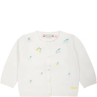 Bonpoint Kids' White Cardigan For Baby Girl With All-over Embroidered Cherries In Upb Blanc Lait