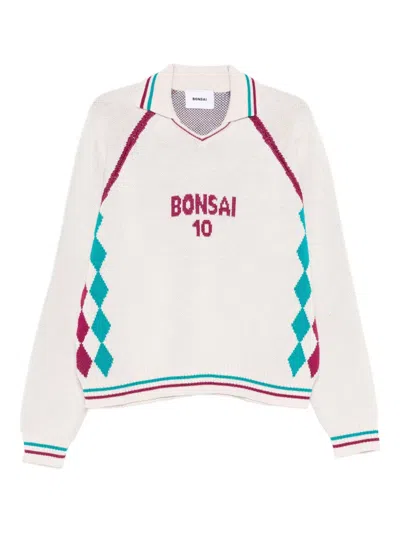 Bonsai Diamond-pattern Polo Jumper In White