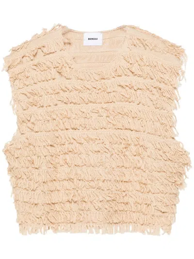 Bonsai Raffia-fringed Knit Tank Top In Neutrals