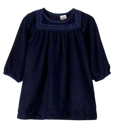 Bonton Baby Pimousse Embroidered Gathered Velvet Dress In Blue