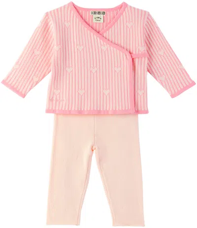 Bonton Baby Pink Elo Cardigan & Leggings Set In Jacquard Coeur Rayé