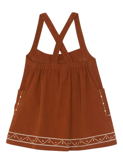 Bonton Kids' Embroidery Pocket Dress In Brown