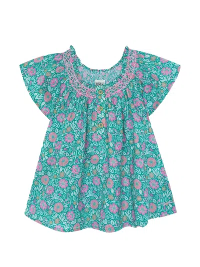 Bonton Babies' Floral-print Smocked Dress In Blue