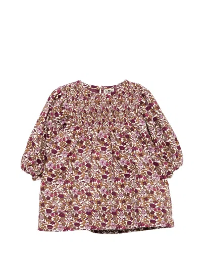 Bonton Babies' Floral-print Smocked Dress In Brown