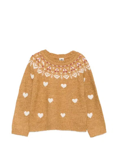 Bonton Kids' Heart-intarsia Fair Isle Sweater In Neutrals