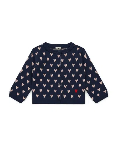 Bonton Kid's Hearts Double Jacquard Knit Cardigan In Navy In Black