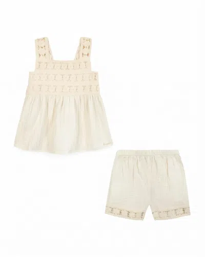 Bonton Kids' Nouki Crochet-trim Crinkled-finish Shorts Set In Neutrals