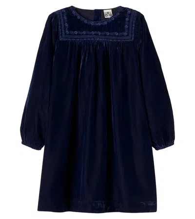 Bonton Pimousse Embroidered Gathered Velvet Dress In Blue