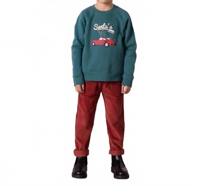 Bonton Kids' Santa's Road Trip Fleece Sweatshirt In River Green In Orange