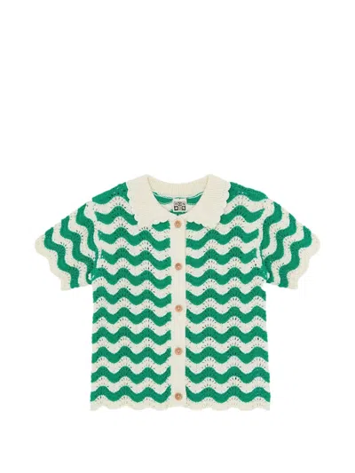 Bonton Kids' Zigzag-knit Scalloped-collar Cardigan In Green