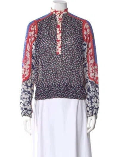 Pre-owned Bonwit Teller Floral Print Long Sleeve Blouse In Blue