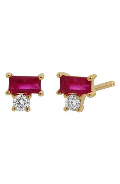 Bony Levy El Mar Baguette Diamond Stud Earrings In 18k Yellow Gold/ruby