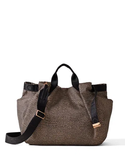 Borbonese Bateau Medium Handbag In Op Fabric In Op Naturale/nero