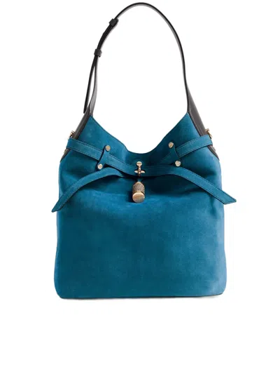 Borbonese Medium Teal Suede Bucket Bag With Adjustable Strap In Blue