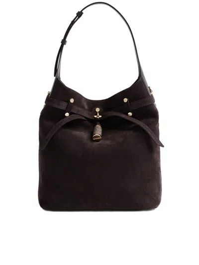 Borbonese Medium-sized Bucket Bag In Soft Suede With Gold Accents In Brown
