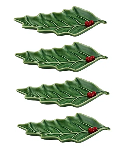 Bordallo Pinheiro Holly Earthenware Large Leaf Dishes, Set Of 4 In Green