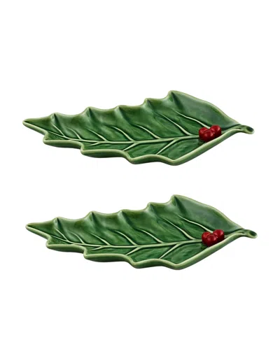 Bordallo Pinheiro Holly Earthenware Small Leaf Dishes, Set Of 2 In Green