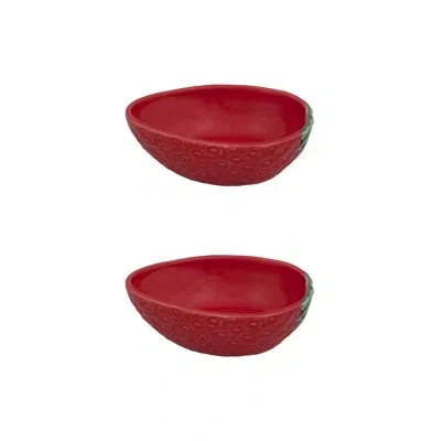 Bordallo Pinheiro Strawberry Oval Bowl 5", Set Of 2 In Green;red