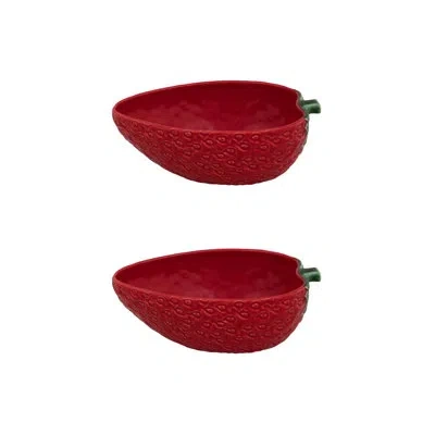 Bordallo Pinheiro Strawberry Oval Bowl 9", Set Of 2 In Green;red