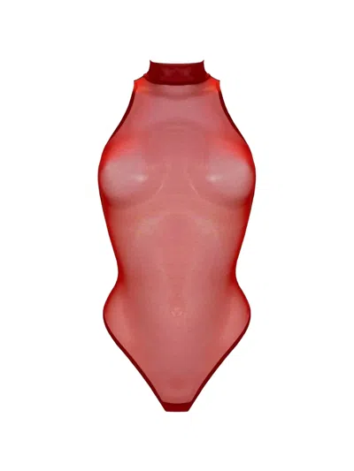 Bordelle Signature Mesh High-neck Bodysuit In Red