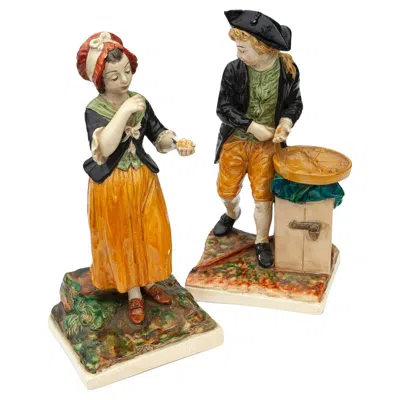 Pre-owned Borghese Chalkware Peasant Pair If Figurines In Brown