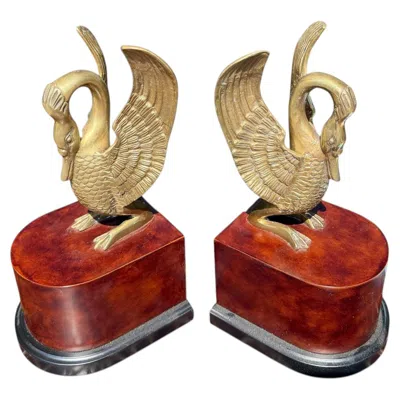 Pre-owned Borghese Italian Neo-classical Style Brass Swan & Faux Burl Bookends Att.  - Pair In Brown