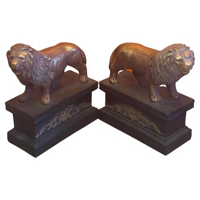 Pre-owned Borghese Pair Of Hollywood Regency Gold Gilt Lion Bookends In Black