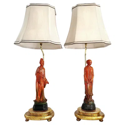 Pre-owned Borghese Pair Of Italian Chinese Figurine Table Lamps By  Signed In Brown