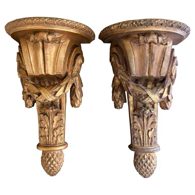 Pre-owned Borghese Pair Of Mid-century Italian Neoclassical Carved Gilt Wall Bracket Shelves In Brown