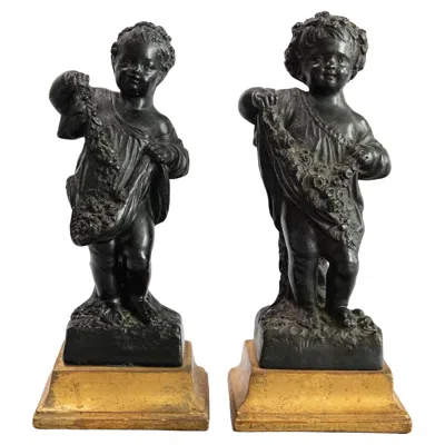 Pre-owned Borghese Set Of Two Italian  Cherubs Putti Figurines, Circa 1930 In Black