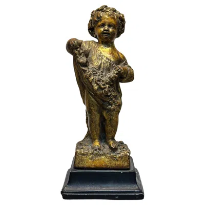 Pre-owned Borghese Vintage Italian Chalkware / Gold Gilt Cherub Statue By  In Black