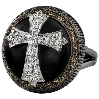 Pre-owned Borgioni 18 Karat Black Rhodium Gold, Pave Diamond Ebony Wood Cross Cocktail Ring
