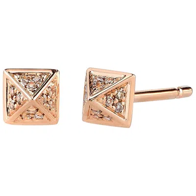 Pre-owned Borgioni 18 Karat Rose Gold, Small Pave Brown Diamond Pyramid Stud Earrings In Red