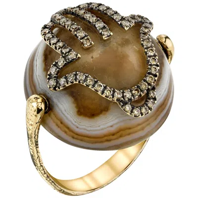 Pre-owned Borgioni 18 Karat Yellow Gold, Diamond Hamsa Agate Ring