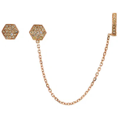 Pre-owned Borgioni 18k Rose Gold, Pave Brown Diamond Octagon Chain Earcuff With Matching Stud In Red