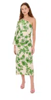Borgo De Nor Atlantis One-shoulder Embellished Floral-print Satin Midi Dress In Antigua/green
