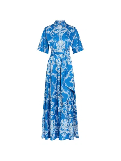Borgo De Nor Posie Printed Belted Cotton Maxi Shirt Dress In Blue