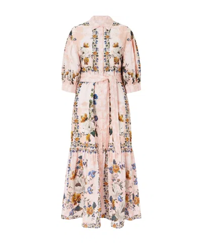 Borgo De Nor Belted Printed Linen And Cotton-blend Midi Dress In Pink