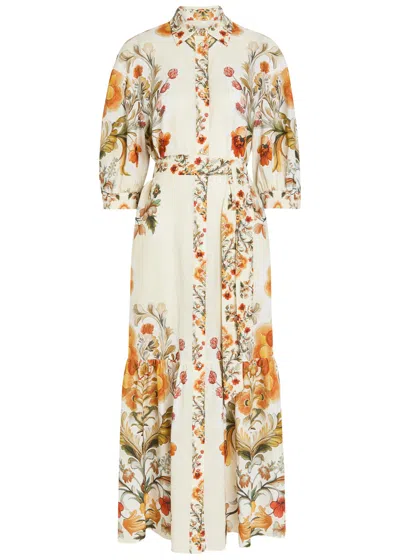 Borgo De Nor Bianca Floral-print Belted Linen-blend Maxi Shirt Dress In Multi