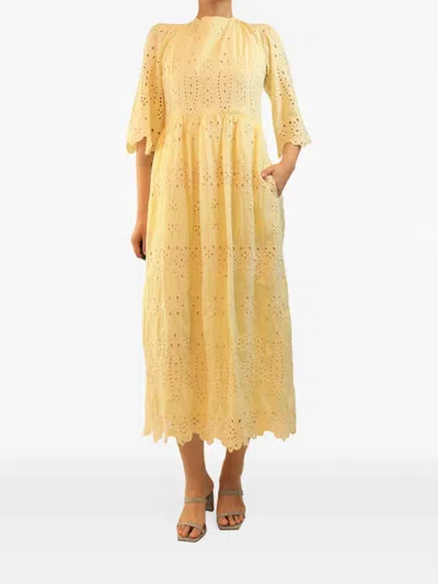 Pre-owned Borgo De Nor Broderie-anglaise Midi Dress In Yellow