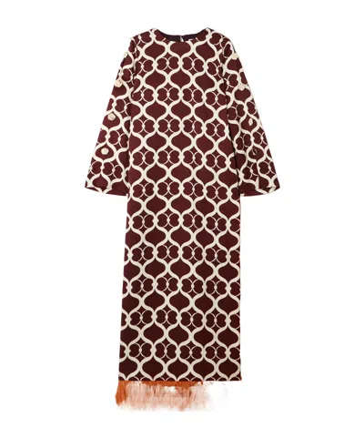 Borgo De Nor Brunetta Feather-trimmed Cotton-blend Jacquard Maxi Dress In Brown