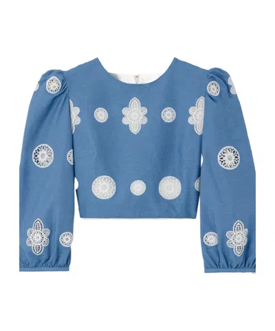 Borgo De Nor Crocheted Lace-trimmed Chambray Top In Blue