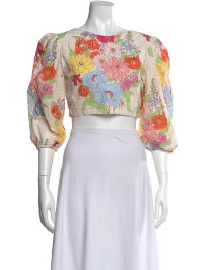 Pre-owned Borgo De Nor Floral Print Crew Neck Crop Top In White