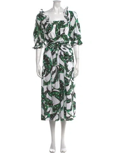 Pre-owned Borgo De Nor Floral Print Midi Length Dress In Green/white