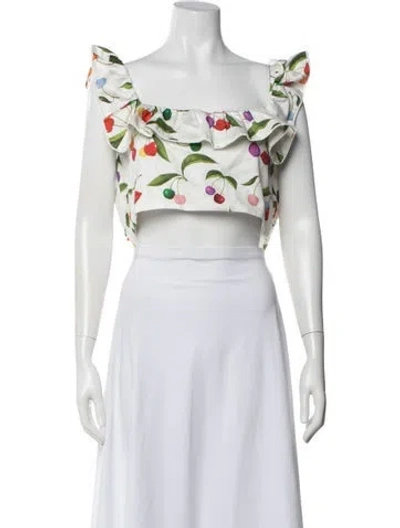 Pre-owned Borgo De Nor Floral Print Square Neckline Crop Top In White