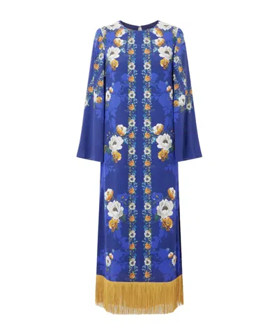 Borgo De Nor Fringed Floral-print Satin-crepe Maxi Dress In Blue