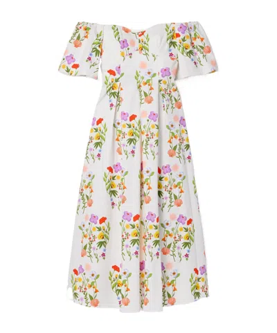 Borgo De Nor Gracie Off-the-shoulder Pleated Printed Cotton-blend Piqué Dress In Multi