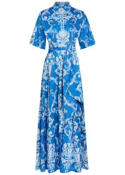 Borgo De Nor Posie Printed Belted Cotton Maxi Shirt Dress In Blue
